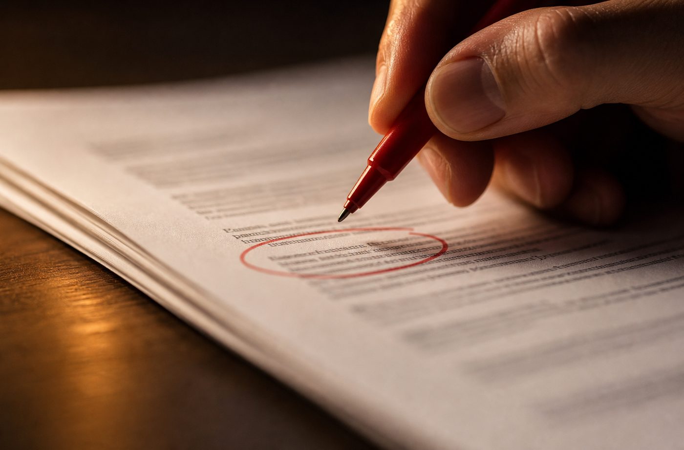 Hand reviewing a claim file with a red pen, circling a documentation gap before carrier submission