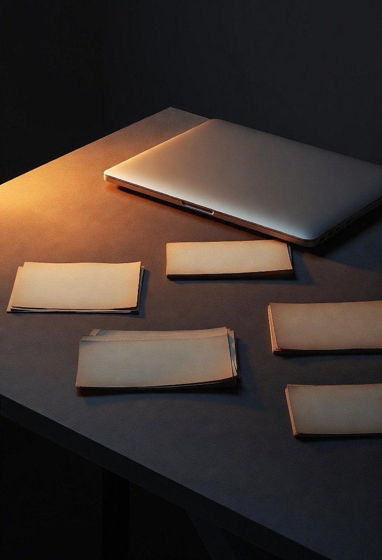 Laptop beside stacks of blank paperwork on a dark desk, representing disconnected tools that miss revenue leakage