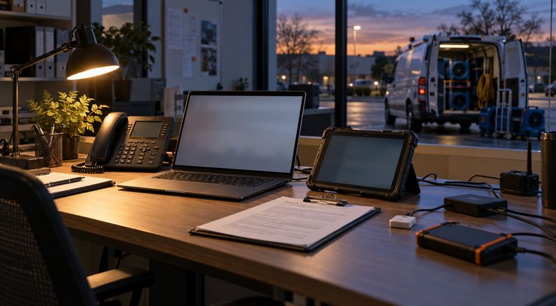 Restoration company office desk at dusk with a laptop, desk phone and rugged field tablet, and a service van loaded with drying equipment parked outside the window