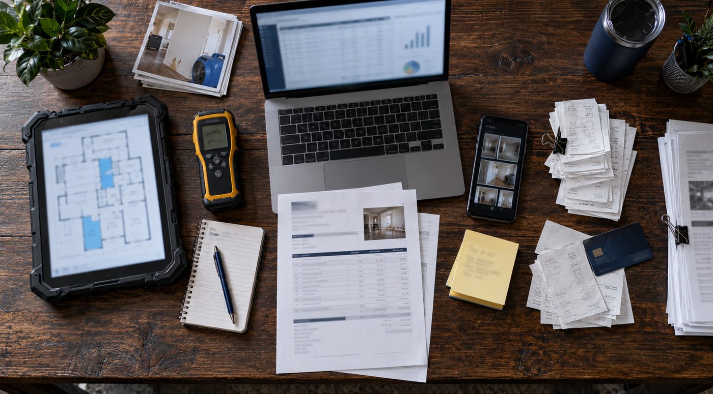 Overhead view of a desk covered with a rugged tablet showing a floor plan, a moisture meter, a laptop, a phone, invoices and receipts
