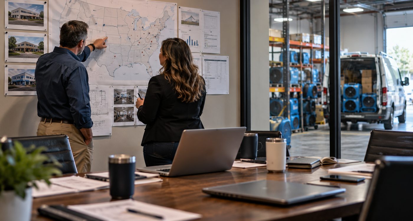 Two colleagues reviewing a multi-location map and site photos on a conference room wall, with drying equipment and a service van visible through the glass