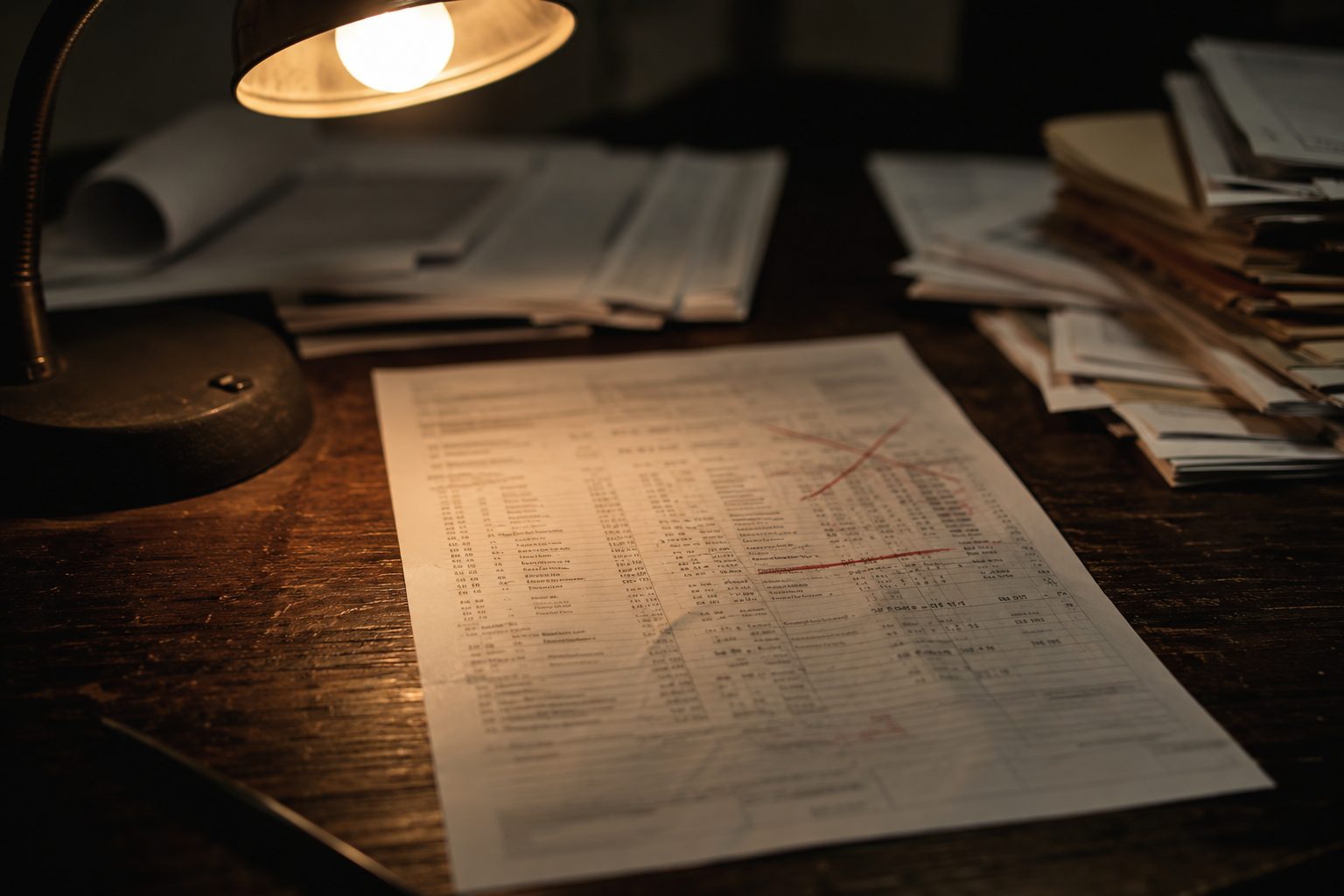 A claims estimate on a desk with red pen marks striking through a line item under a desk lamp